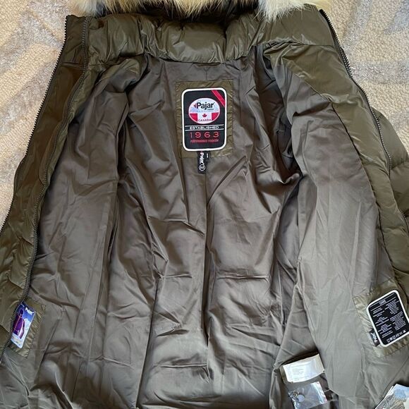 PAJAR CANADA Goose Down Puffer Coat with Fox Fur Hood Military Green Medium NWT - Picture 8 of 16